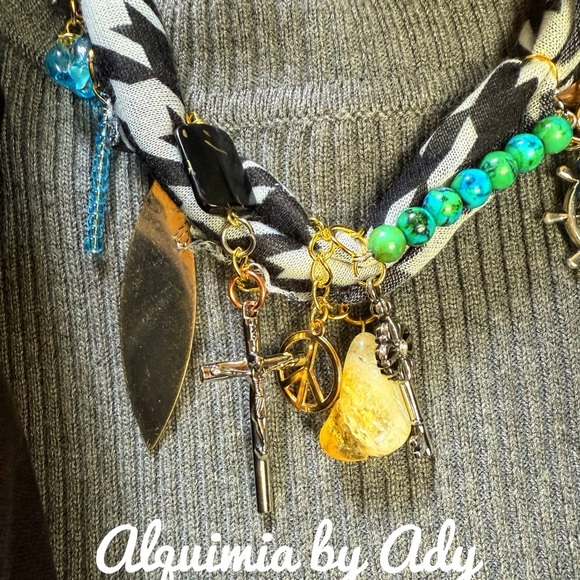 Black and white bandanna scarf charms turquoise citrine necklace - Picture 4 of 5